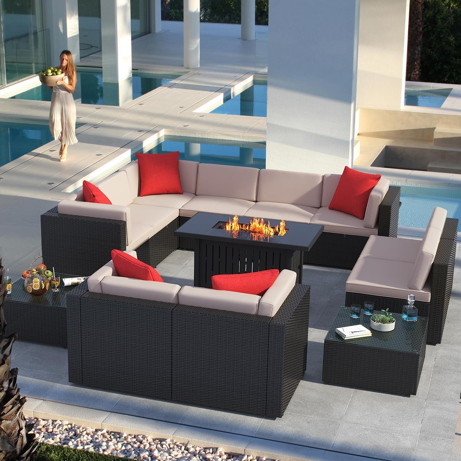 Patio Furniture Sets 13-Pieces Outdoor PE Rattan Sectional Sofa W/43In Gas Fire Pit Table 55000 BTU Add Warmth to Gatherings Parties on Deck Garden Backyard, Light Beige-1