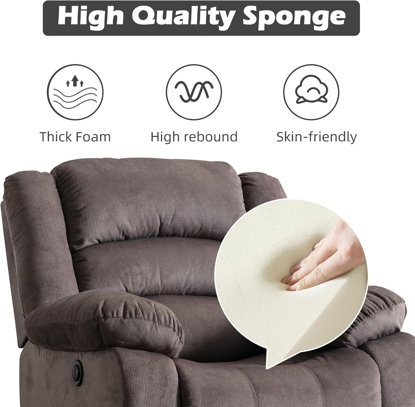 Classic Power Recliner Chair, Oversized Electric Reclining Chair with Overstuffed Cushion and Back, Soft Fabric Adults Single Recliner Sofa for Living Room, Brown-3