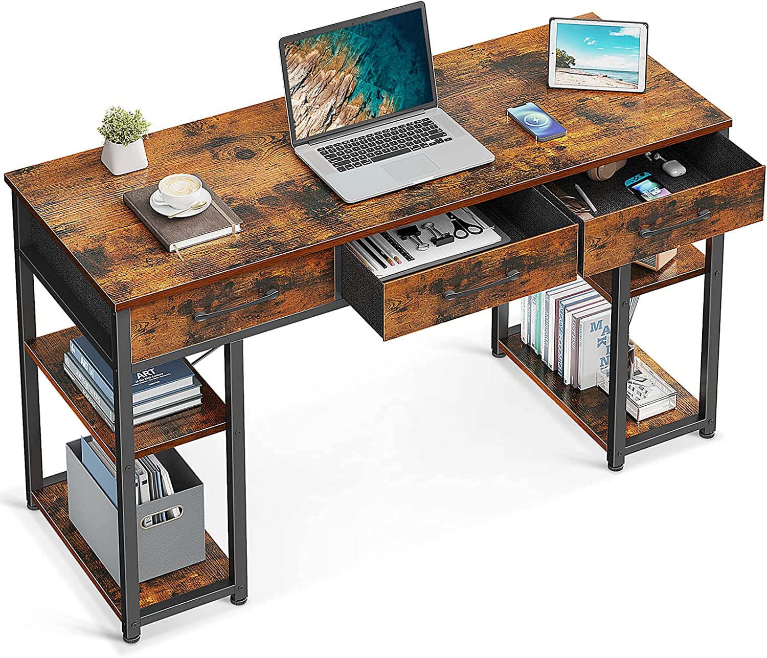 Vintage Writing Desk with Storage Shelves-1