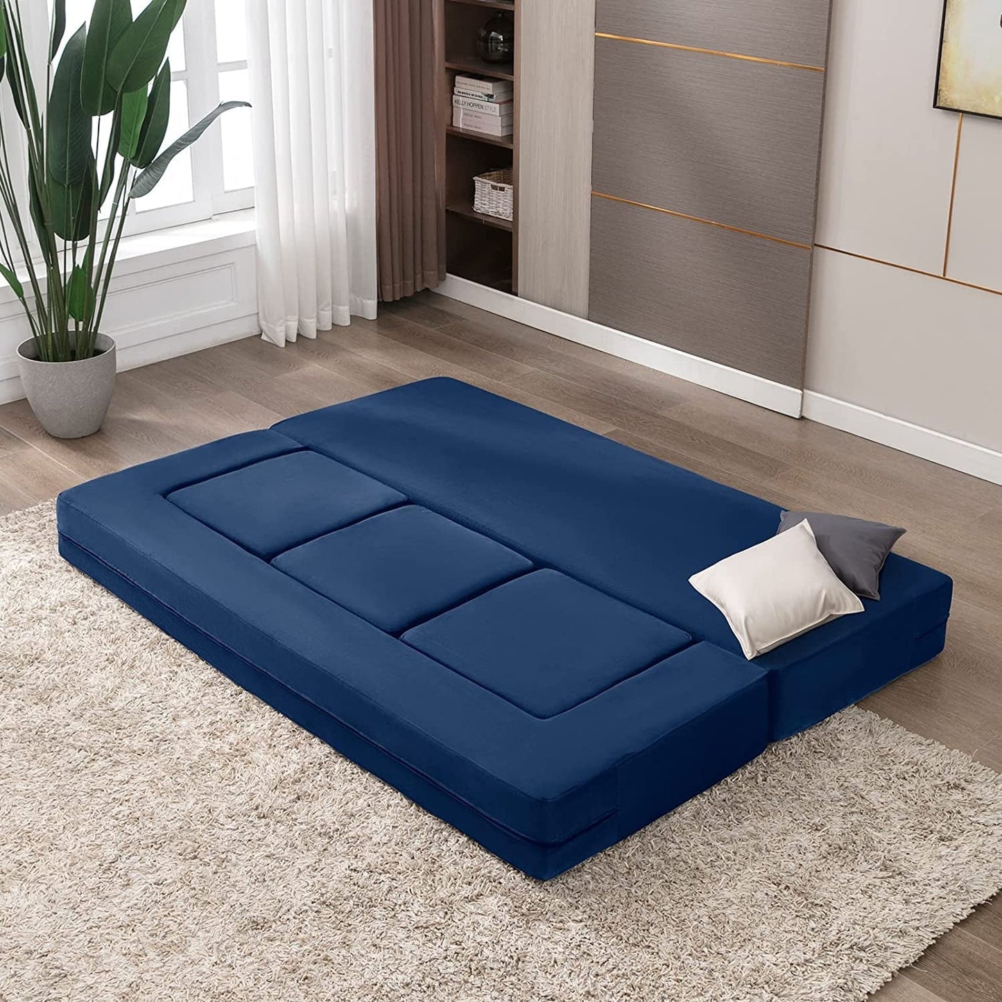 Blue Velvet Futon Sofa Bed with Ottomans-0