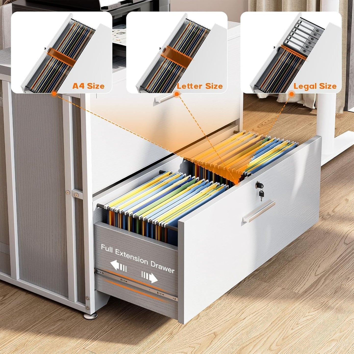 File Cabinet with Charging Station Filing Cabinet for Home Office, Large File Cabinets with Lock, Office Storage Cabinet 2 Drawer for Legal/Letter/A4 File, White-4