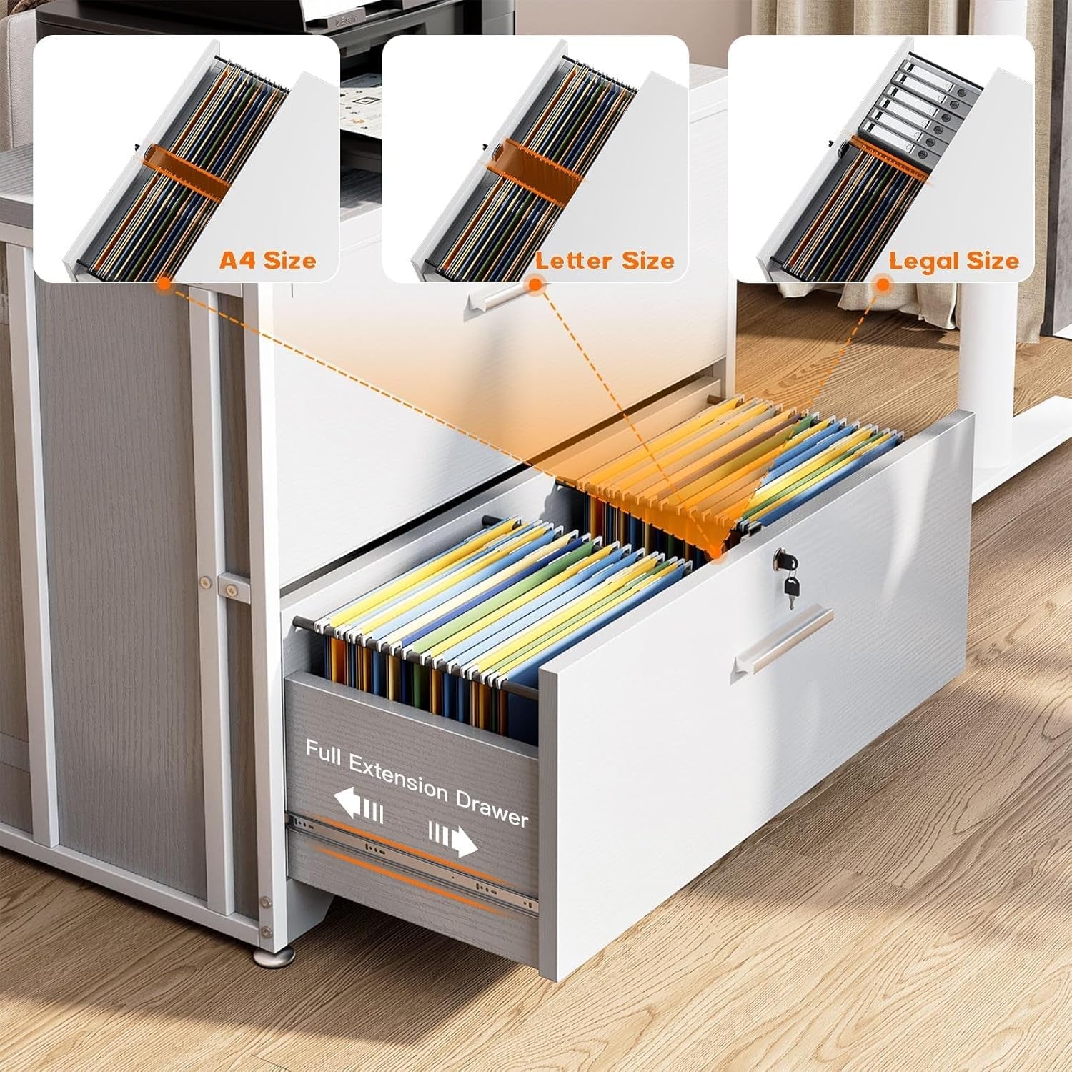 File Cabinet with Charging Station Filing Cabinet for Home Office, Large File Cabinets with Lock, Office Storage Cabinet 2 Drawer for Legal/Letter/A4 File, White-4