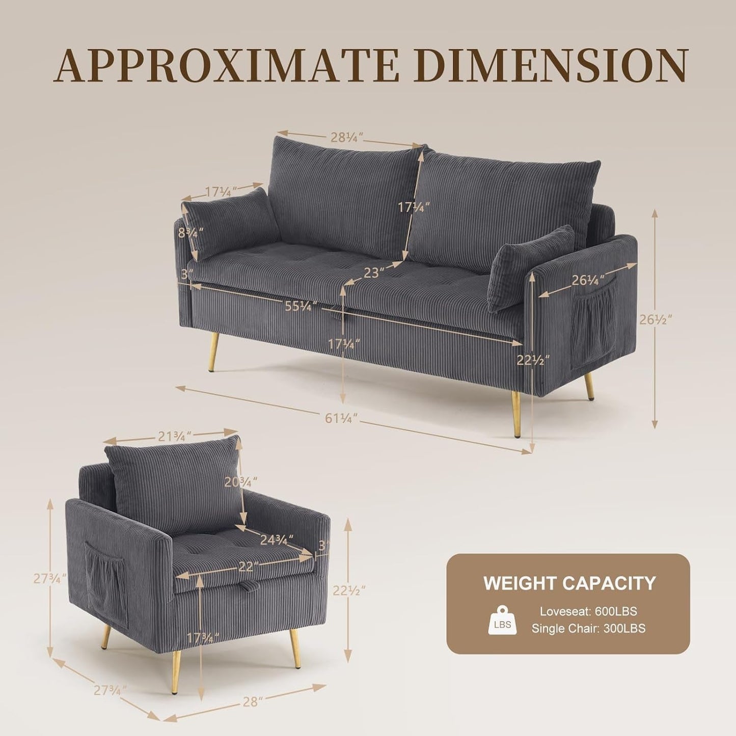 3-Piece Storage Sofa and Couch Set, Corduroy Loveseat with 2Pc Accent Single Chairs, Small Living Room Furniture Set for Apartment, Tiny Homes and Lofts, 3Pc-Gray-2