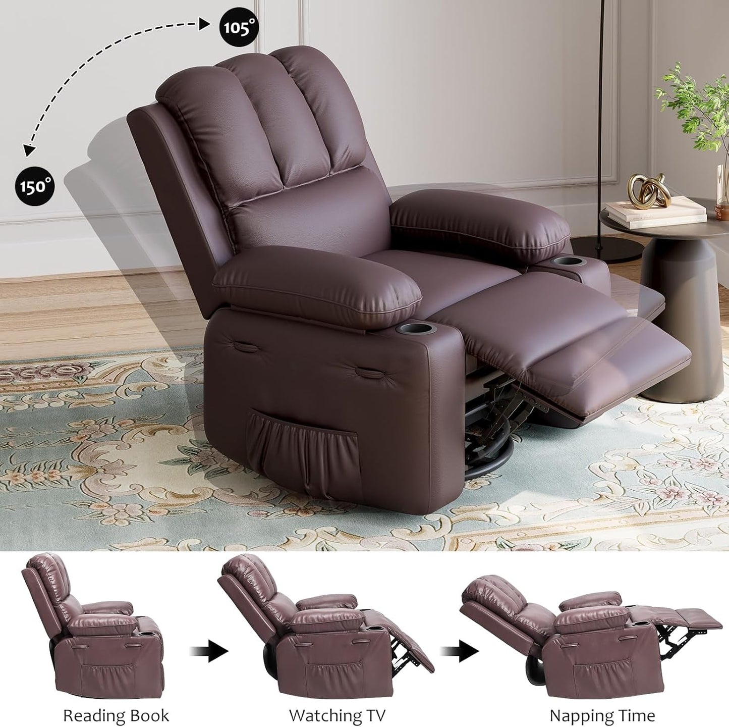 Leather Recliner Chair, Manual Recliner W/Comfortable Arms and Cup Holders for Living Room CF8011 - Brown, Medium-2