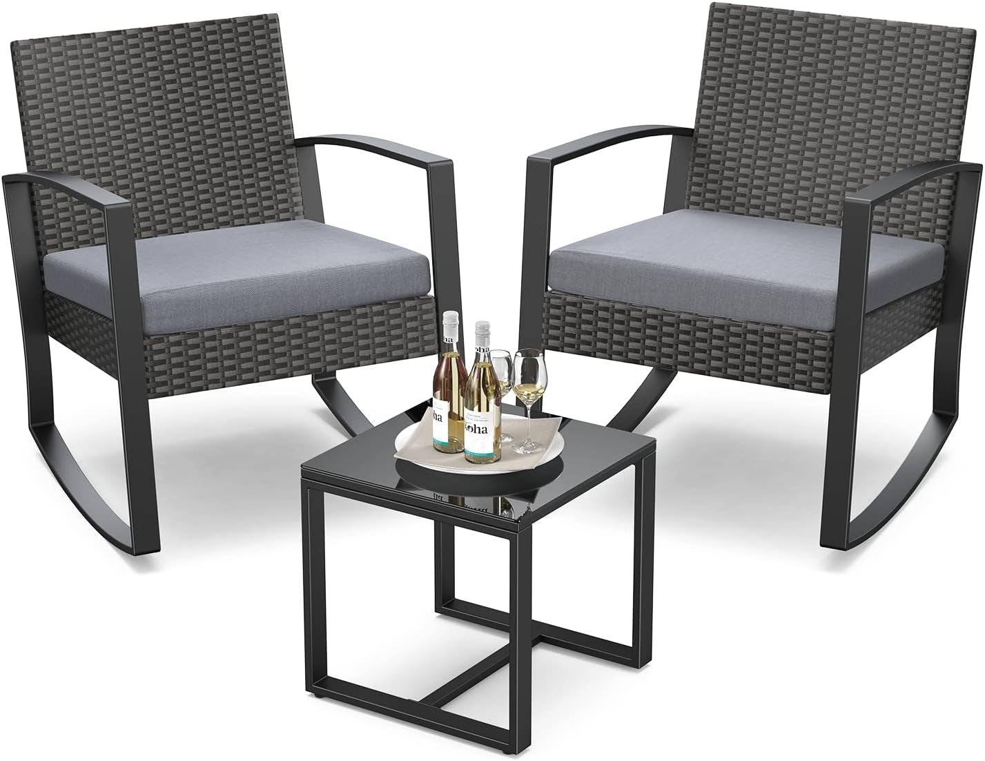 3 Pieces Patio Furniture Set Rocking Bistro Set Outdoor Rattan Conversation with Coffee Table for Garden Balcony Backyard Poolside (Grey Cushion)-0
