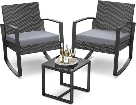 3 Pieces Patio Furniture Set Rocking Bistro Set Outdoor Rattan Conversation with Coffee Table for Garden Balcony Backyard Poolside (Grey Cushion)-0