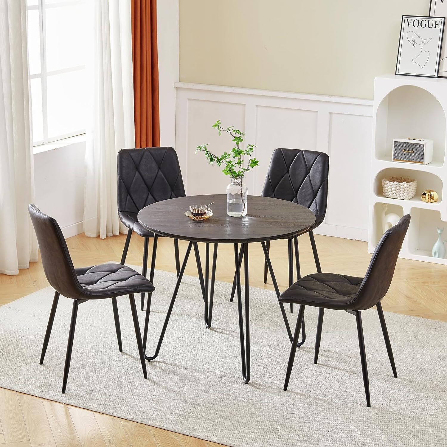 4 Set of Dining Chairs, Metal Frame Dining Chair for Kitchen Room,Technology Cloth Seat Chair for Living Room, Bedroom(Black)-2