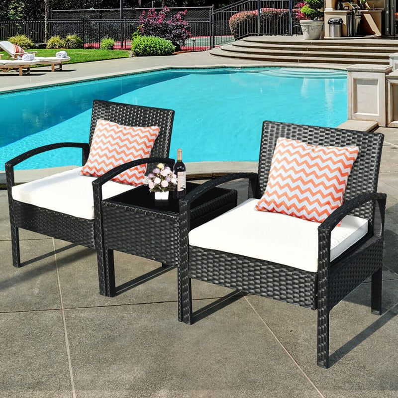 3 Pieces Outdoor Rattan Patio Conversation Set with Seat Cushions-0