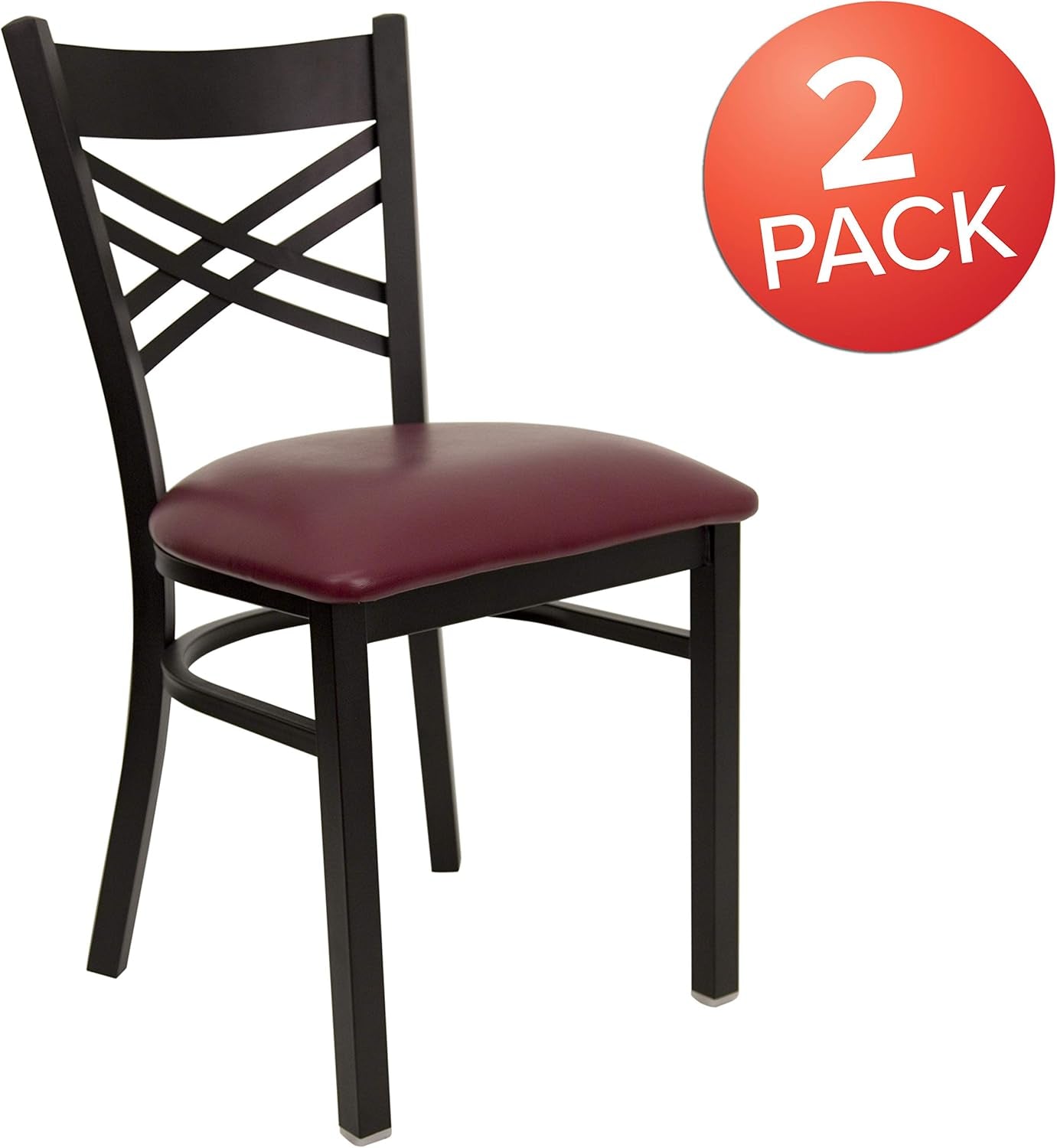 2 Pack HERCULES Series Black ''X'' Back Metal Restaurant Chair - Burgundy Vinyl Seat-2