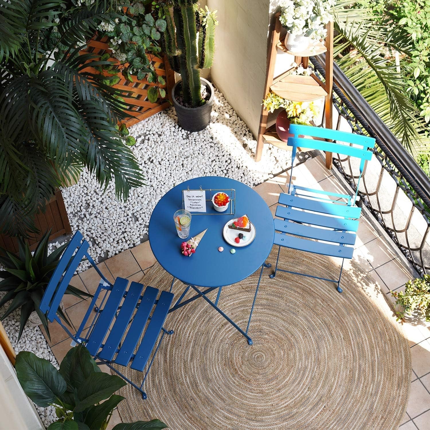 3-Piece Folding Bistro Set, 2 Chairs and 1 Table, Weather-Resistant Outdoor/Indoor Conversation Set for Patio, Yard, Garden -Peacock Blue-0