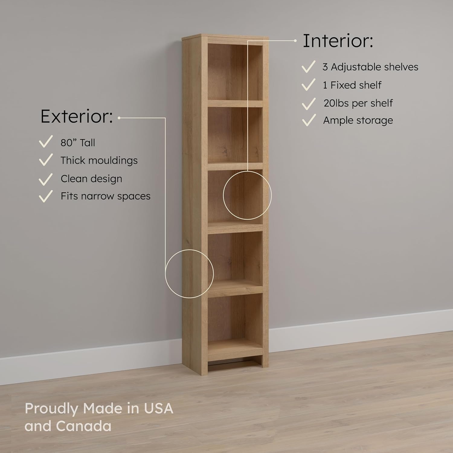 Moda 80" Tall 5-Tier Narrow Bookcase in Natural Oak, Modern Storage Accent Bookshelf with 3 Adjustable Shelves for Home, Office, Living Room, Bedroom-4