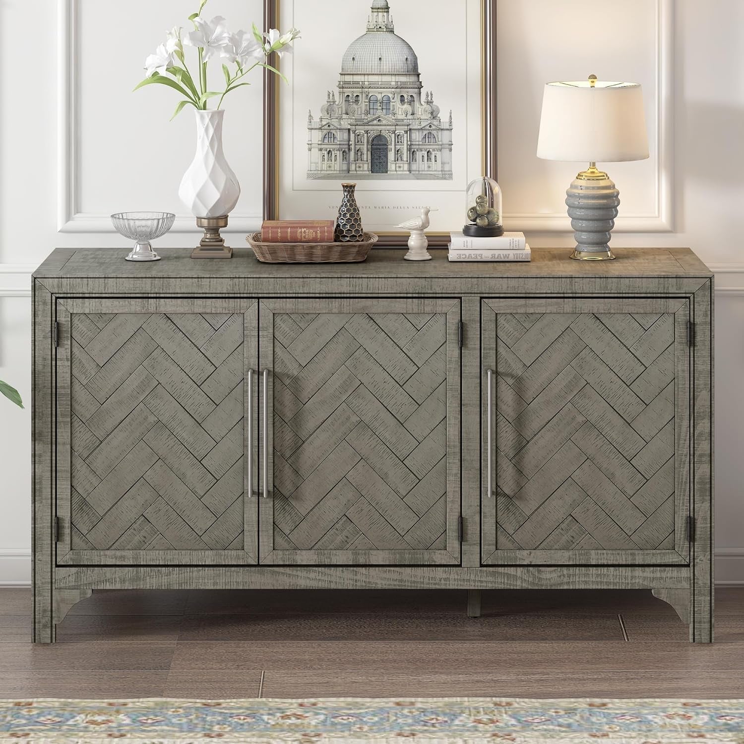 Modern Wood Buffet Sideboard with 3 Doors, Farmhouse Free Standing Storge Cabinet Console Table for Living Room Dinning Room Hallway Gray-2