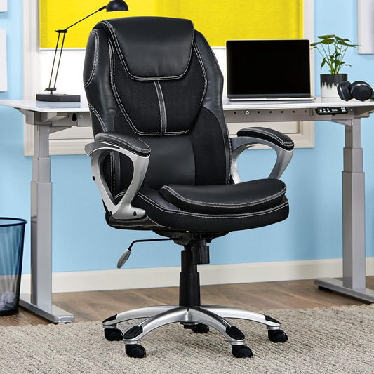 Amplify Executive Office Padded Arms, Adjustable Ergonomic Gaming Desk Chair with Lumbar Support, Faux Leather and Mesh, Black-1