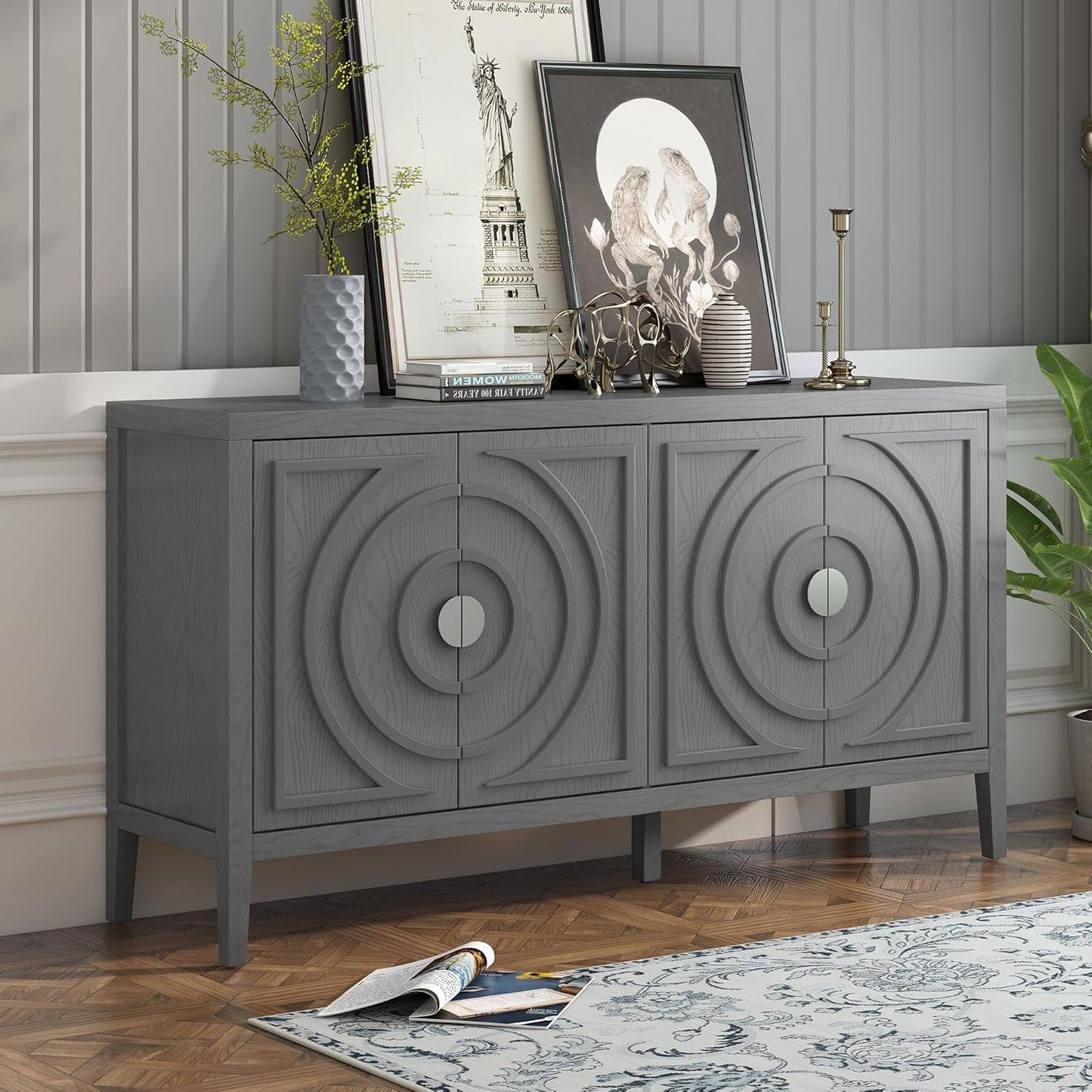 Gray Wood Farmhouse Buffet Sideboard with with Circular Groove Designcoffee Bar Storge Cabinet Console Table for Living Room Kitchen, 1 Set-0