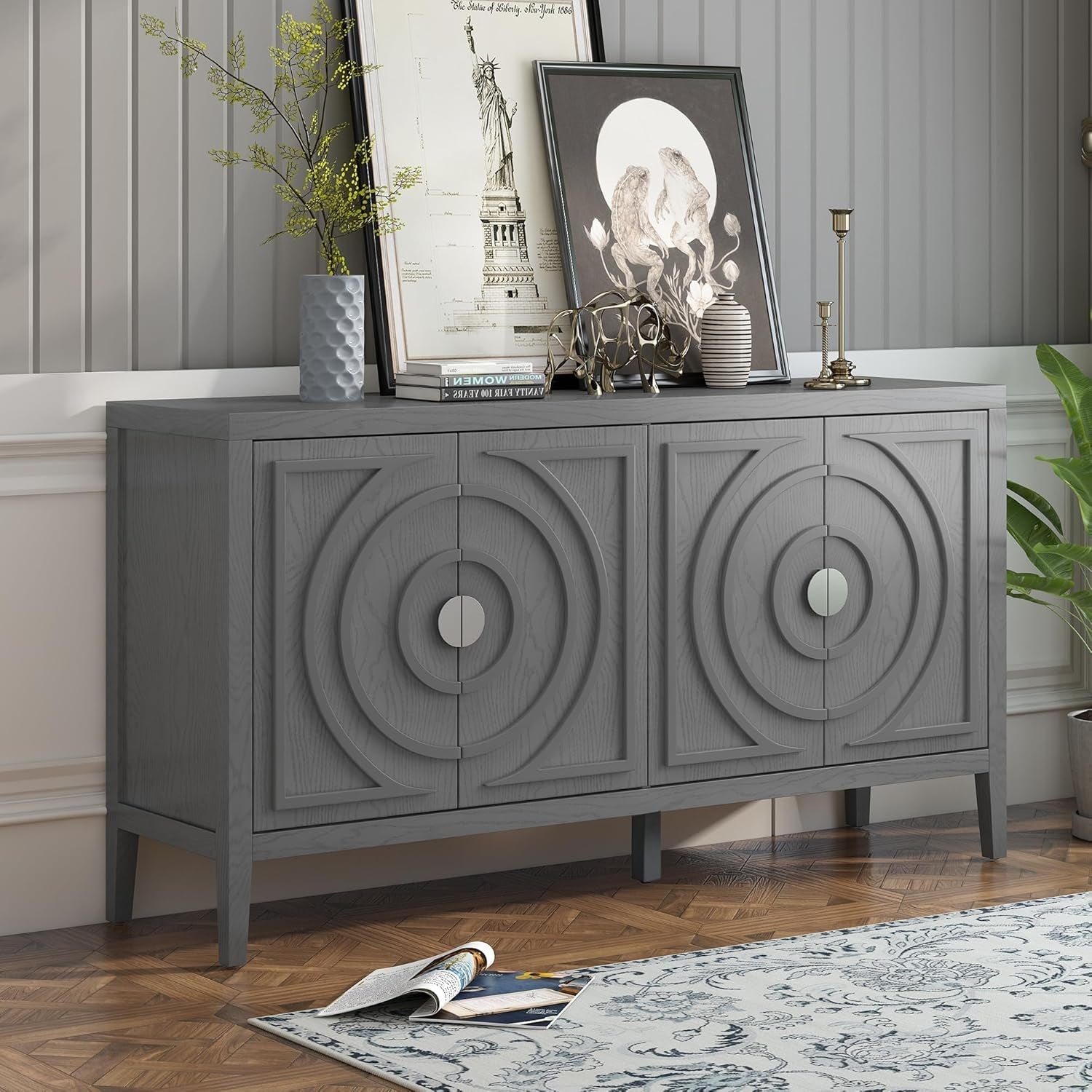 Gray Wood Farmhouse Buffet Sideboard with with Circular Groove Designcoffee Bar Storge Cabinet Console Table for Living Room Kitchen, 1 Set-0