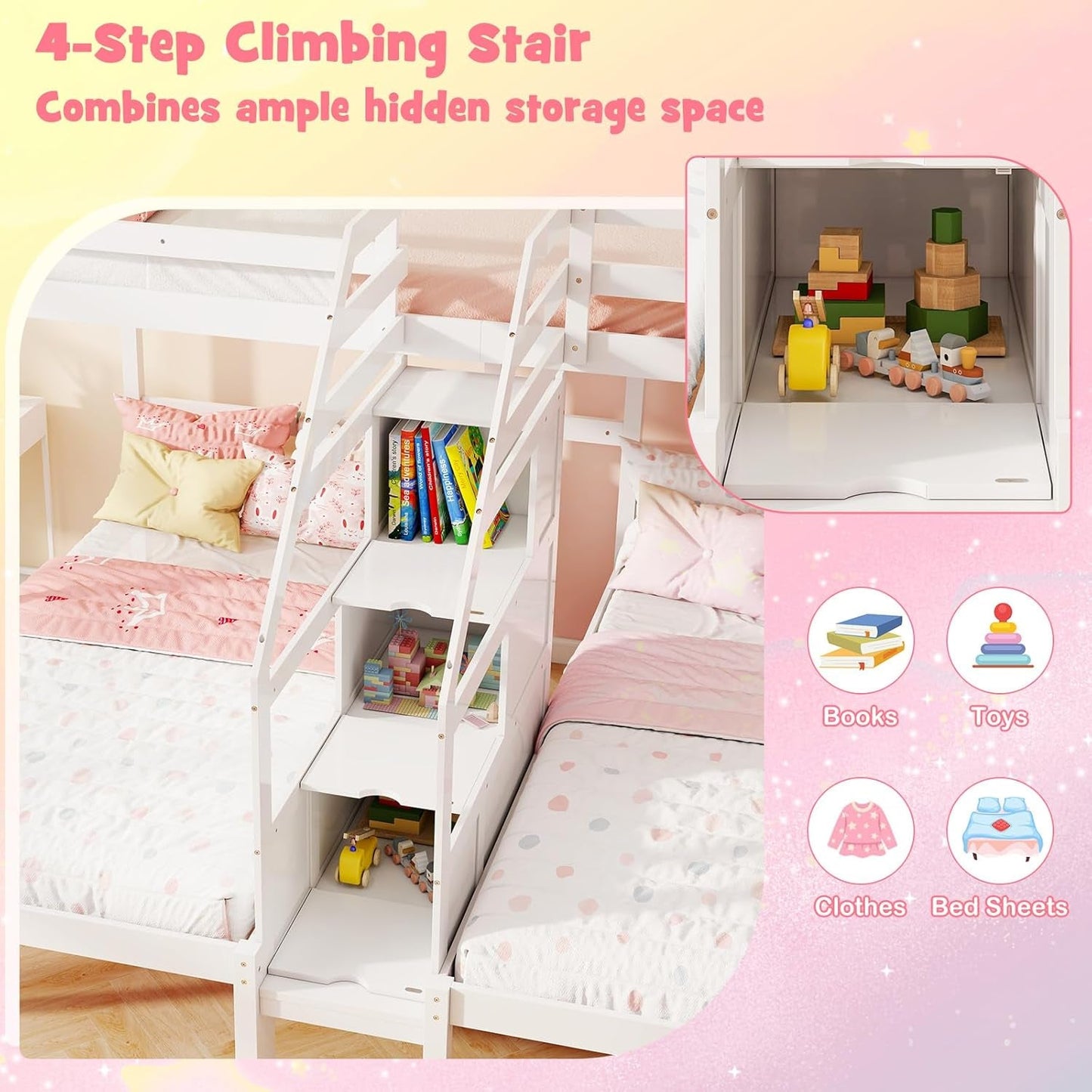 Twin over Twin & Twin Bunk Bed, Triple Bunk Beds with 4-Step Storage Stair, Guardrail & Solid Wood Structure, Wooden 3 Bunk Beds for Kids Teens, No Box Spring Needed, White-3
