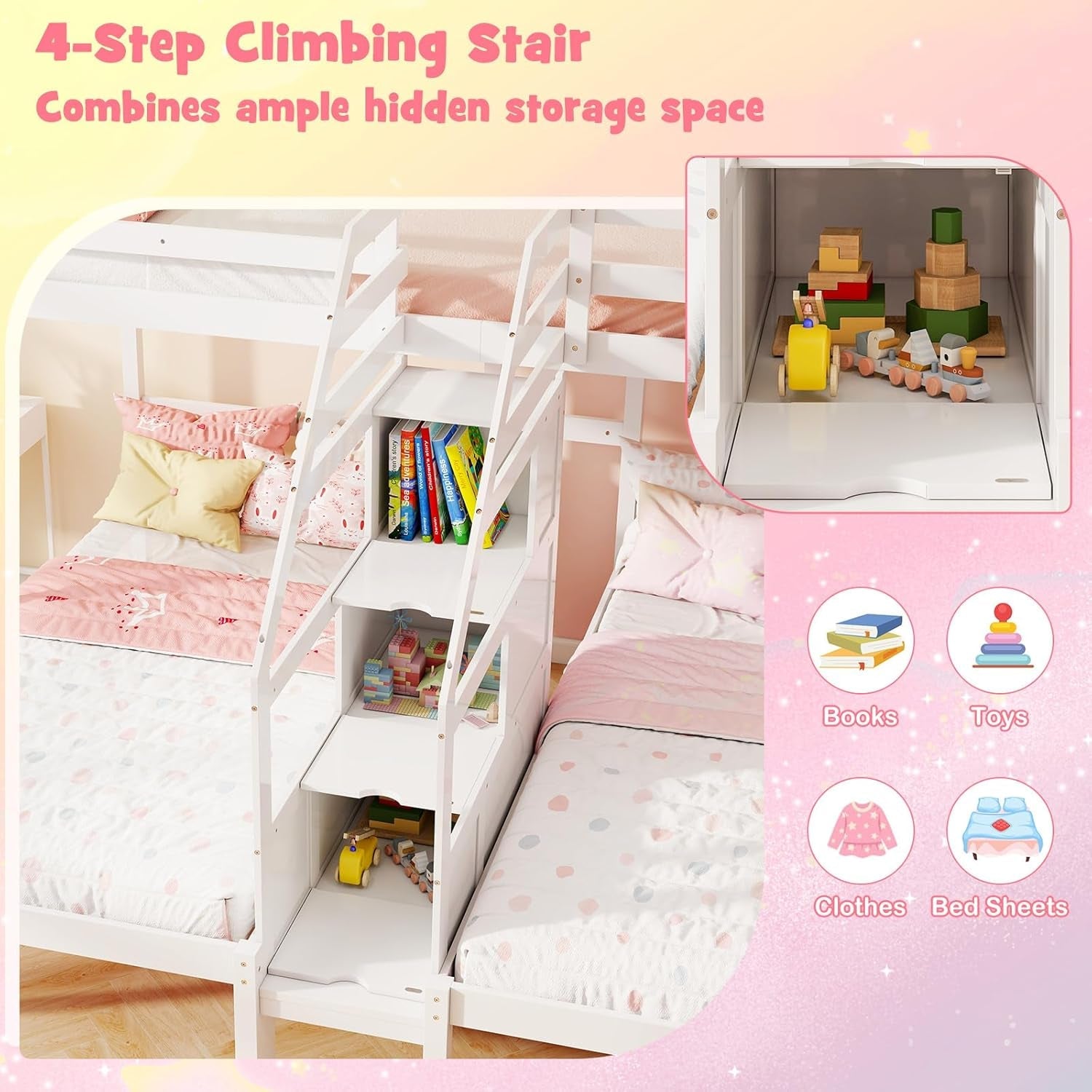 Twin over Twin & Twin Bunk Bed, Triple Bunk Beds with 4-Step Storage Stair, Guardrail & Solid Wood Structure, Wooden 3 Bunk Beds for Kids Teens, No Box Spring Needed, White-3