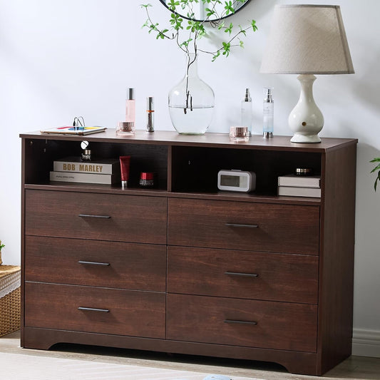 Dark Cherry Dresser for Bedroom Wooden, 6 Drawer Dressers & Chests of Drawers, Modern Wood Tall Dresser, 48 Inches Wide Chest of Drawers for Bedroom, Hallway, Living Room-0