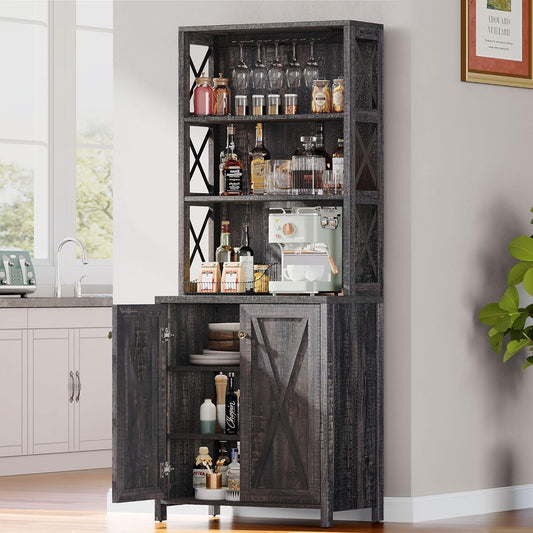 67" Tall Wine Bar Cabinet for Liquor and Glasses, Farmhouse Kitchen Cabinet Coffee Bar with Adjustable Shelves, Open Storage Shelves, Buffet Kitchen Cabinet for Dinning Room, Kitchen, Rustic Oak-0