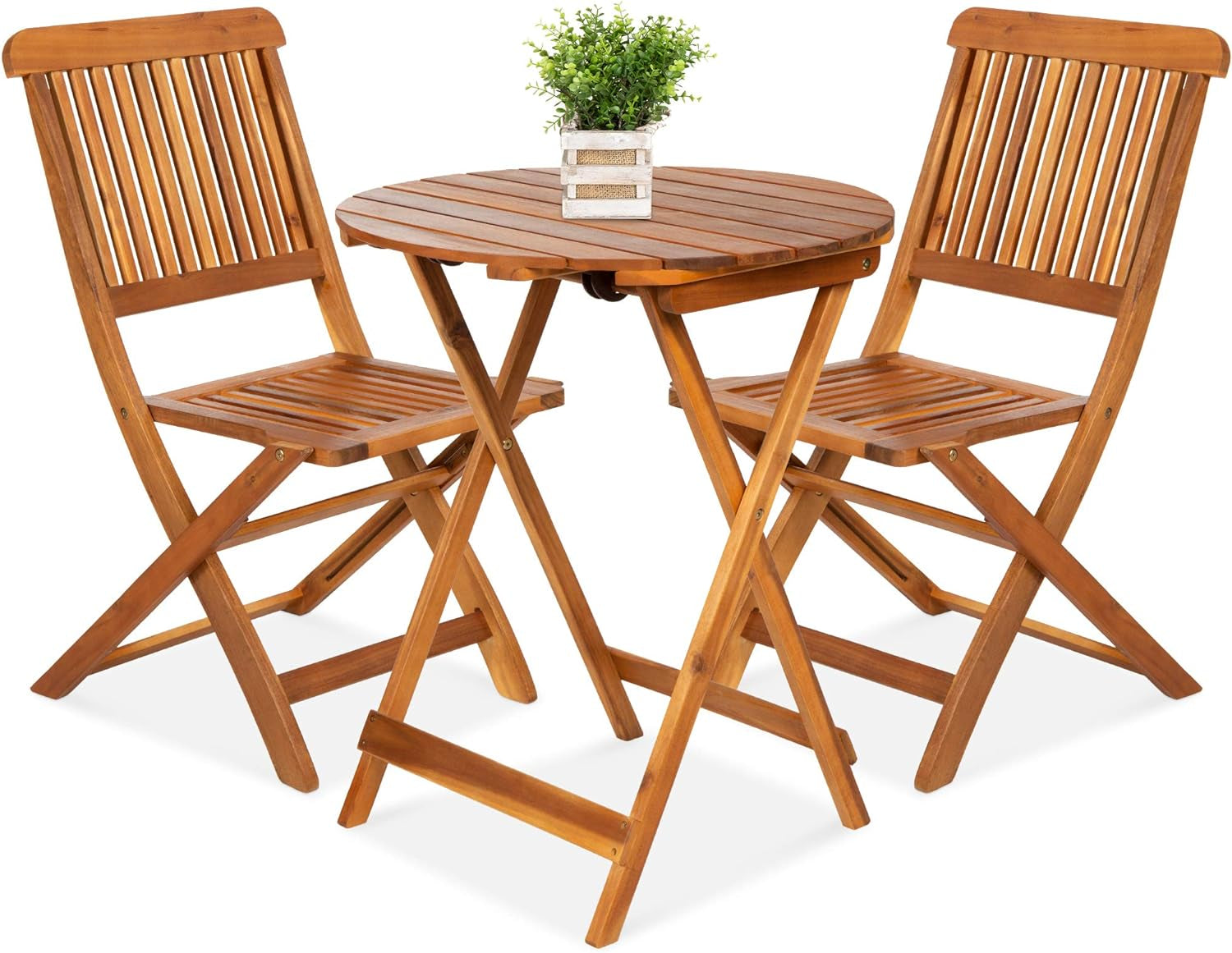3-Piece Acacia Wood Bistro Set, Folding Patio Furniture for Backyard, Balcony, Deck W/ 2 Chairs, round Coffee Table, Teak Finish - Natural-0