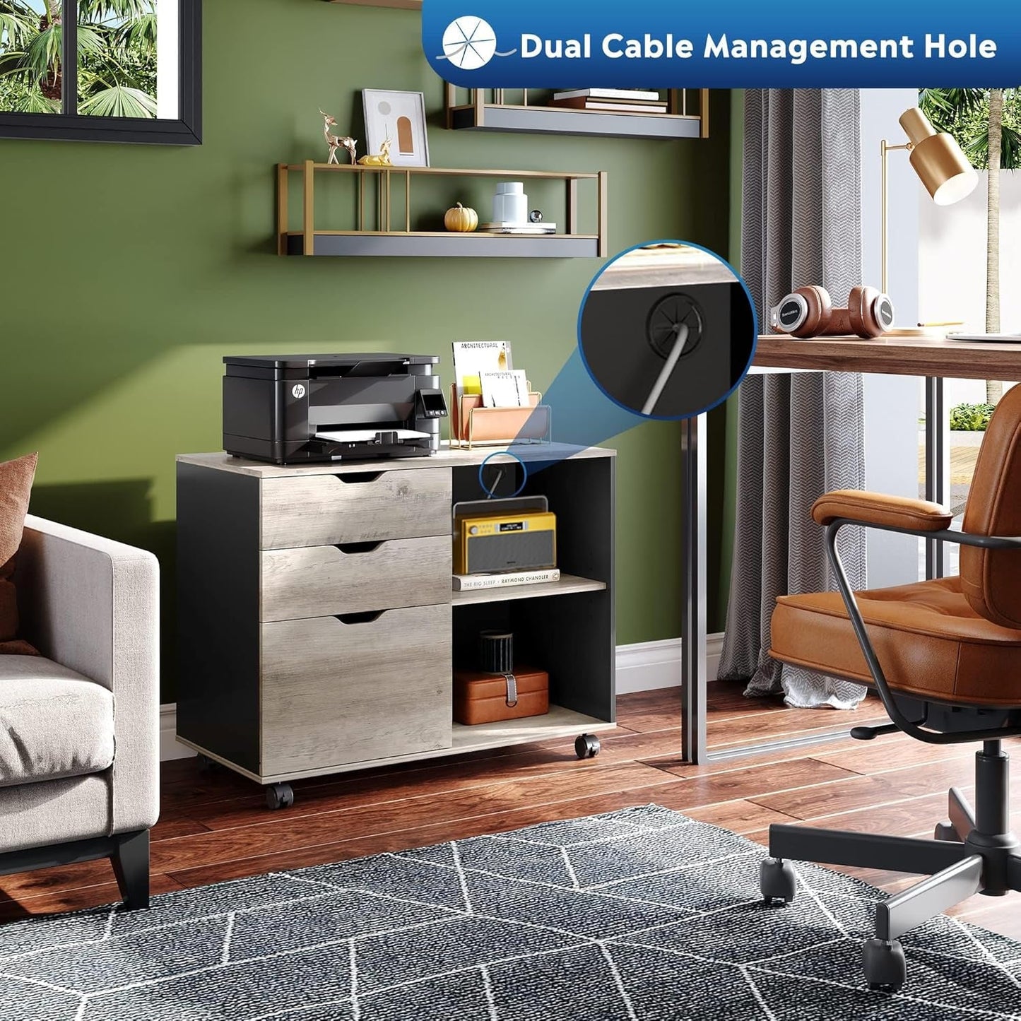 3-Drawer Wood File Cabinet, Mobile Lateral Filing Cabinet, Printer Stand with Open Storage Shelves for Home Office, Greige-2