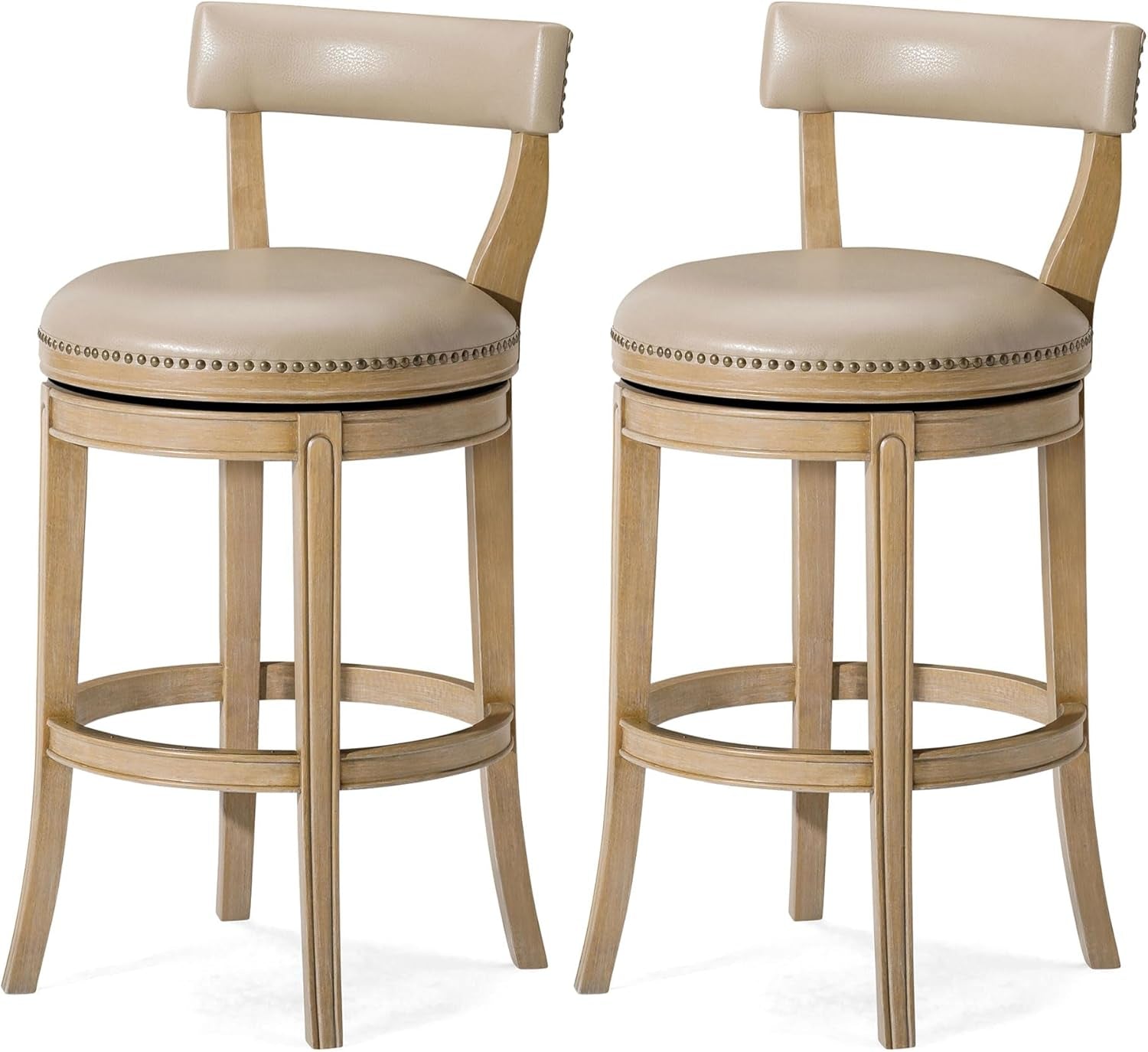 Alexander 31 Inch Tall Bar Height Rotating Low Back Barstool in Weathered Oak Finish with Avanti Bone Vegan Leather Seat, Set of 2-0