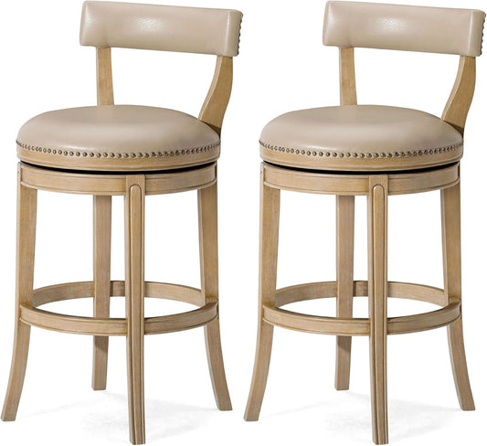 Alexander 31 Inch Tall Bar Height Rotating Low Back Barstool in Weathered Oak Finish with Avanti Bone Vegan Leather Seat, Set of 2-0
