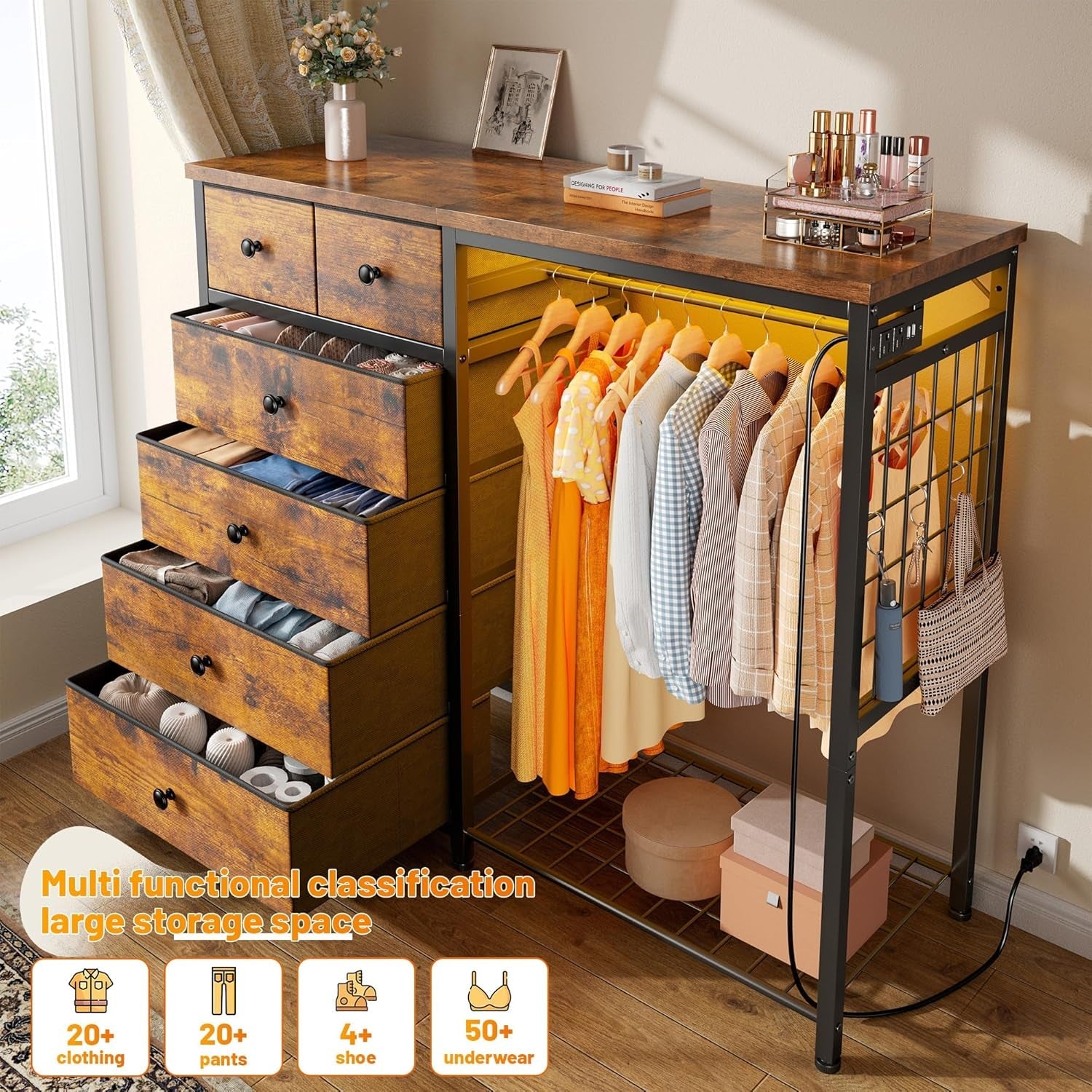 49.2" W Dresser for Bedroom with Hanging Rack 6 Drawer Dresser with LED Lights & Charging Station, Fabric Dressers & Chest of Drawer with Clothes Rack,Wooden Top,Grid Panel,Closet,Rustic Brown-2