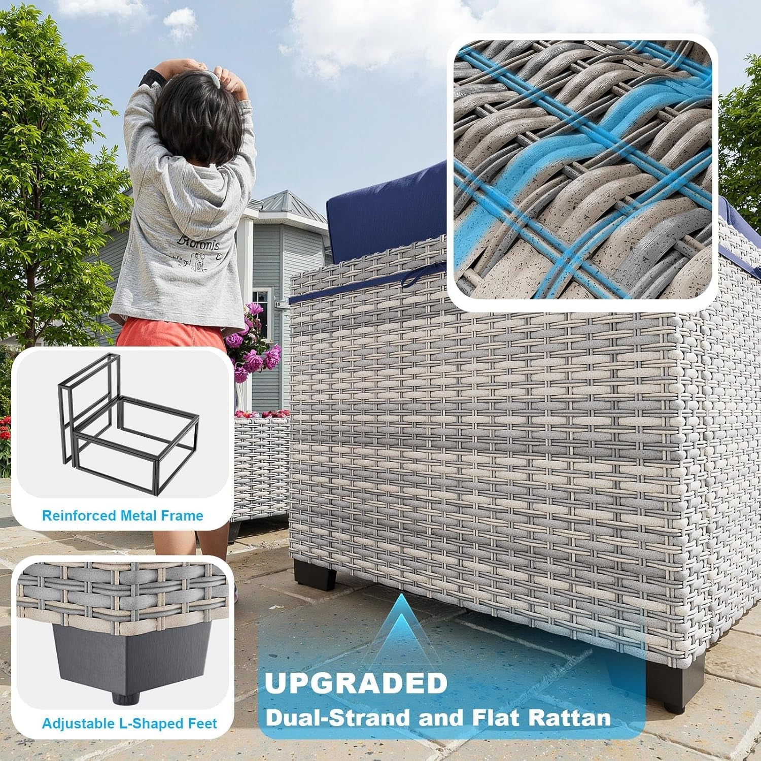 7-Piece Patio Furniture Set, Outdoor Patio Furniture with Thick Cushions, Modular Patio Sofa, Dual-Strand Wicker Rattan, Rust-Resistant Frame, Backyard Furniture for Garden, Deck, Navy Blue-3