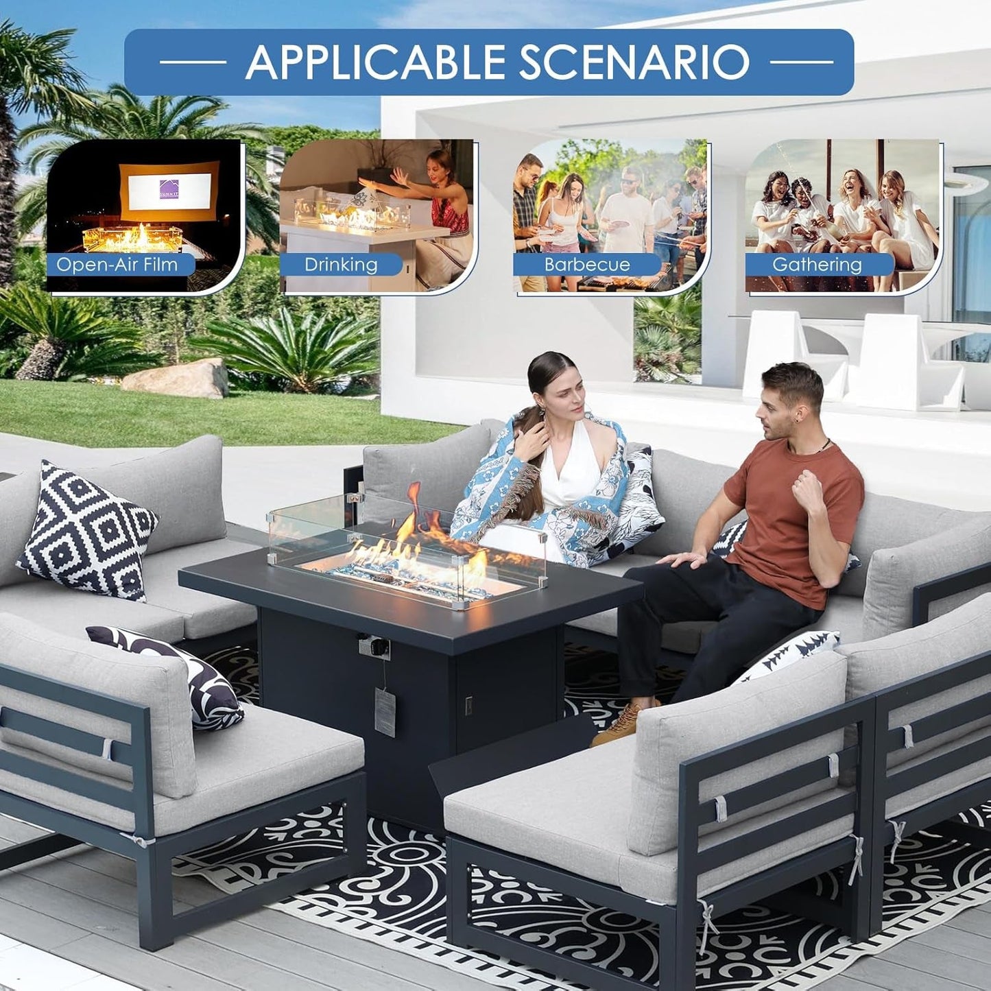 ® Modern Large Grey Aluminum Outdoor Patio Furniture Set with Fire Pit Table, 29'' Deep Wide Seating Conversation Sofa L Shaped Sectional Couch Set (6 Pieces, 5 Seats)-1