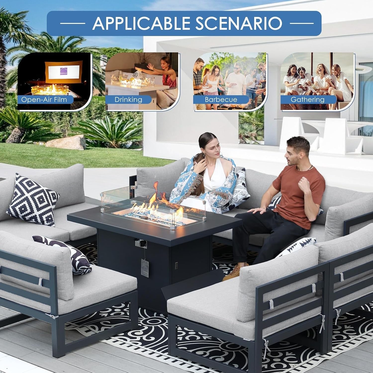 ® Modern Large Grey Aluminum Outdoor Patio Furniture Set with Fire Pit Table, 29'' Deep Wide Seating Conversation Sofa L Shaped Sectional Couch Set (6 Pieces, 5 Seats)-1