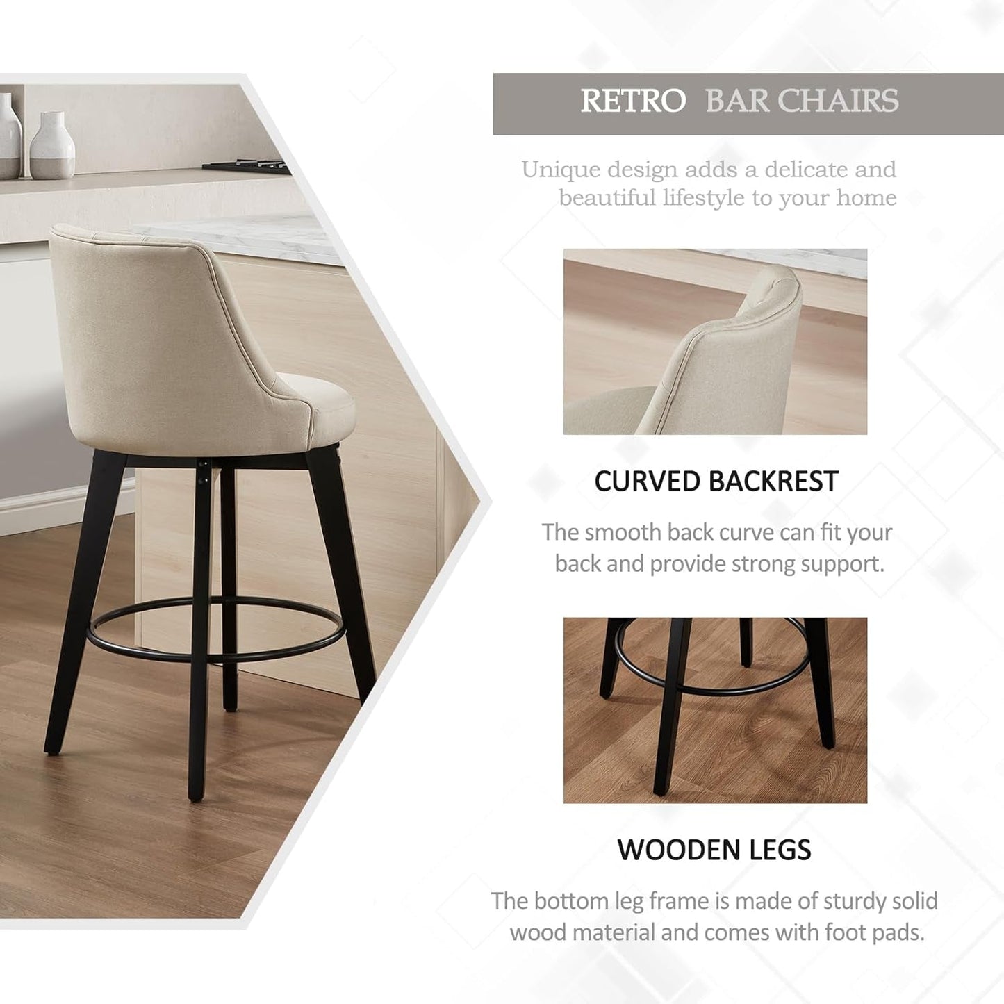 Swivel Bar Stools Set of 4, Linen Counter Height Bar Stools with Back, Wooden Bar Stools for Kitchen Island, Upholstered Bar Stools (Beige)-3