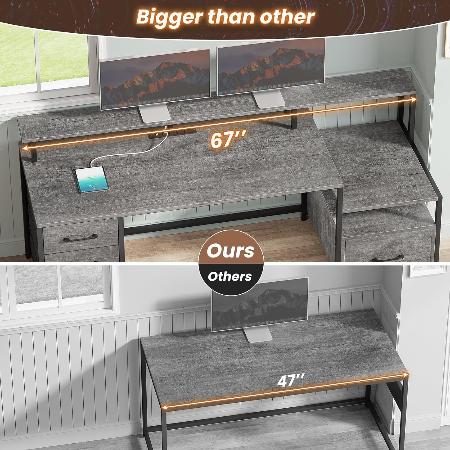 Home Office Desk with File Drawer & Power Outlet, 66'' Computer Desk with 5 Drawer, Storage Shelves, Printer Cabinet and Monitor Shelf, Gaming Desk with Led Lights, Grey-4