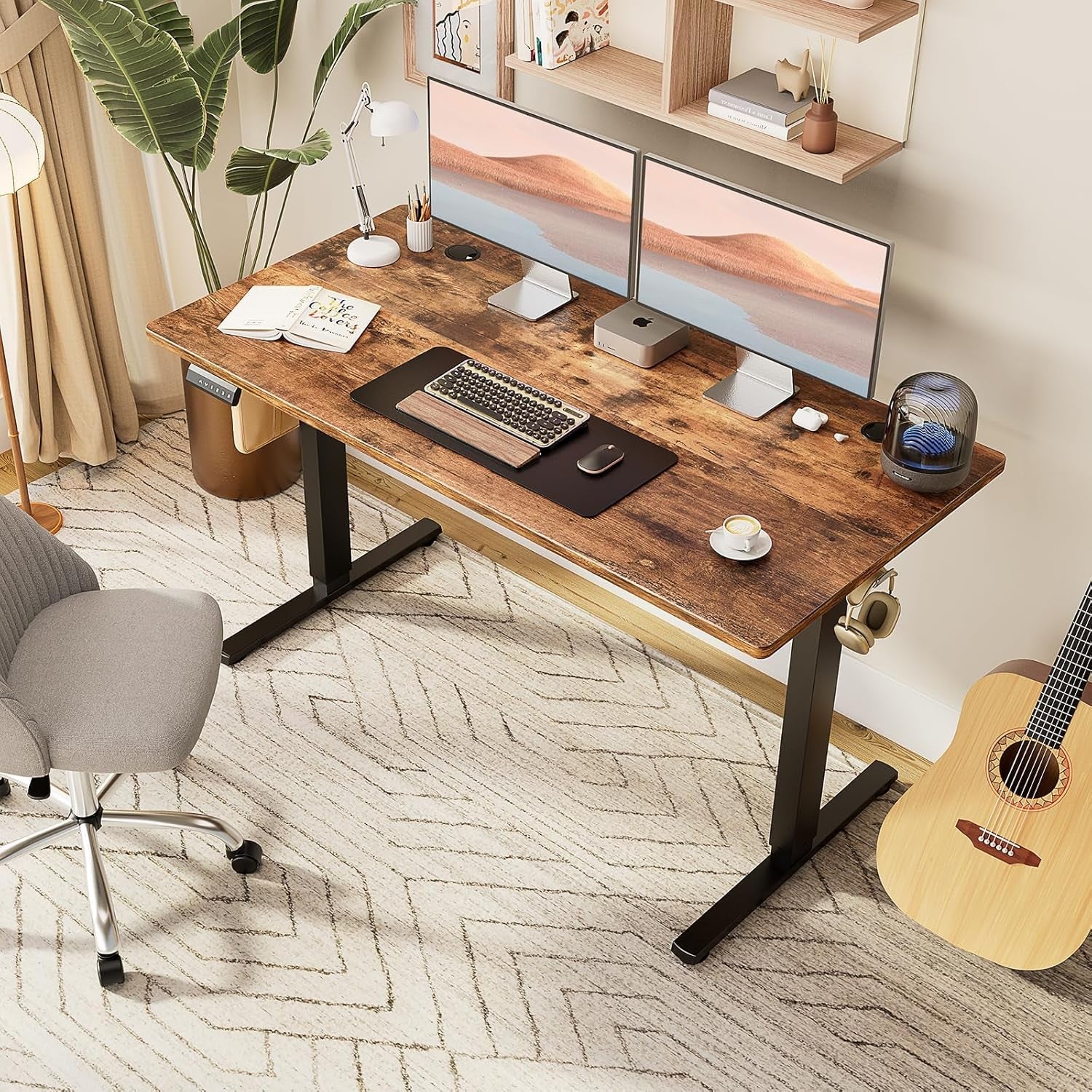 Standing Desk, Adjustable Height Electric Sit Stand up down Computer Table, 55X24 Inch Ergonomic Rising Modern Lift Motorized Gaming Desktop Workstation for Work Home Office, Brown-1