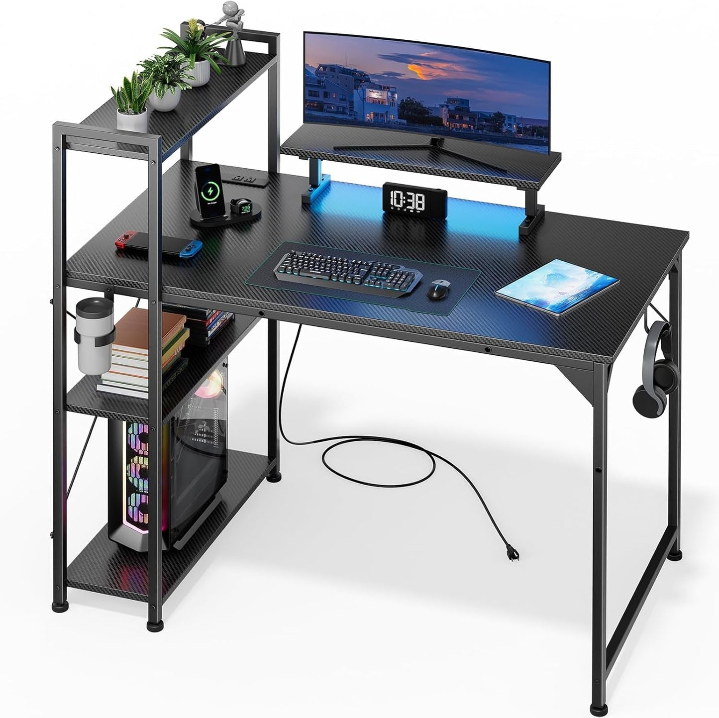 OMICON Computer Desk with LED Light, 42-55 Inch Gaming Desk with Reversible Storage Shelves, Office Desk with Power Outlets Corner Desk for Home Office, Small Space Desk Black Carbon Fiber (42)-0