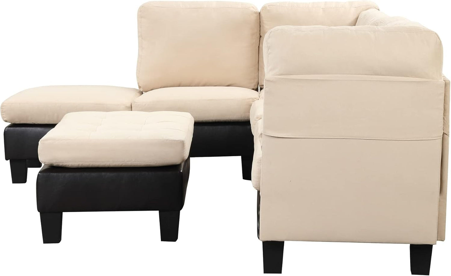Modern 3 Piece Microfiber and Faux Leather L Shaped Sectional Sofa with Reversible Chaise & Ottoman, Large Living Room Furniture, Beige-3