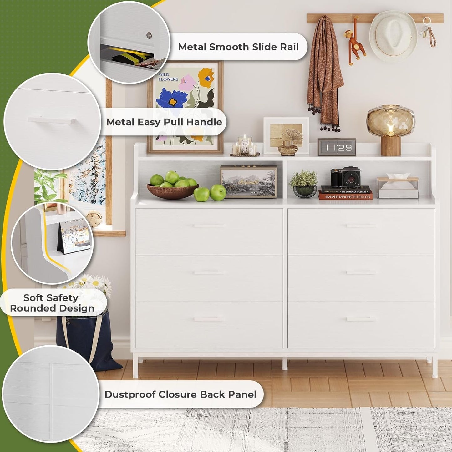 White Dresser for Bedroom with 6 Drawers and Storage Shelves, Wide Chest of Drawers with Sturdy Steel Legs, Large Wooden Storage Tower Dresser Organizer, Dresser for Bedroom, Clost, Entryway-3