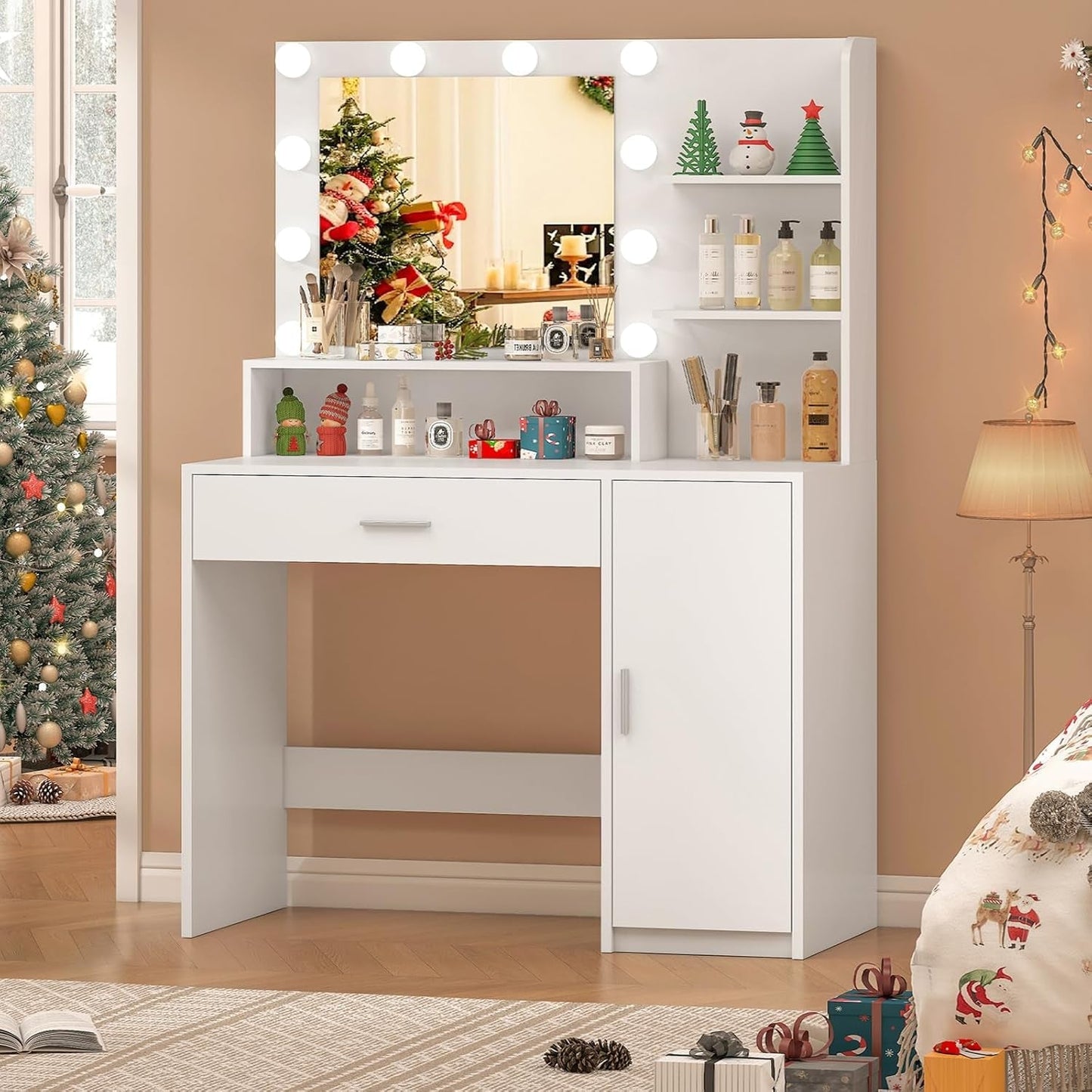 White Vanity Desk Mirror, Lights, Storage, Drawers, Shelves-1