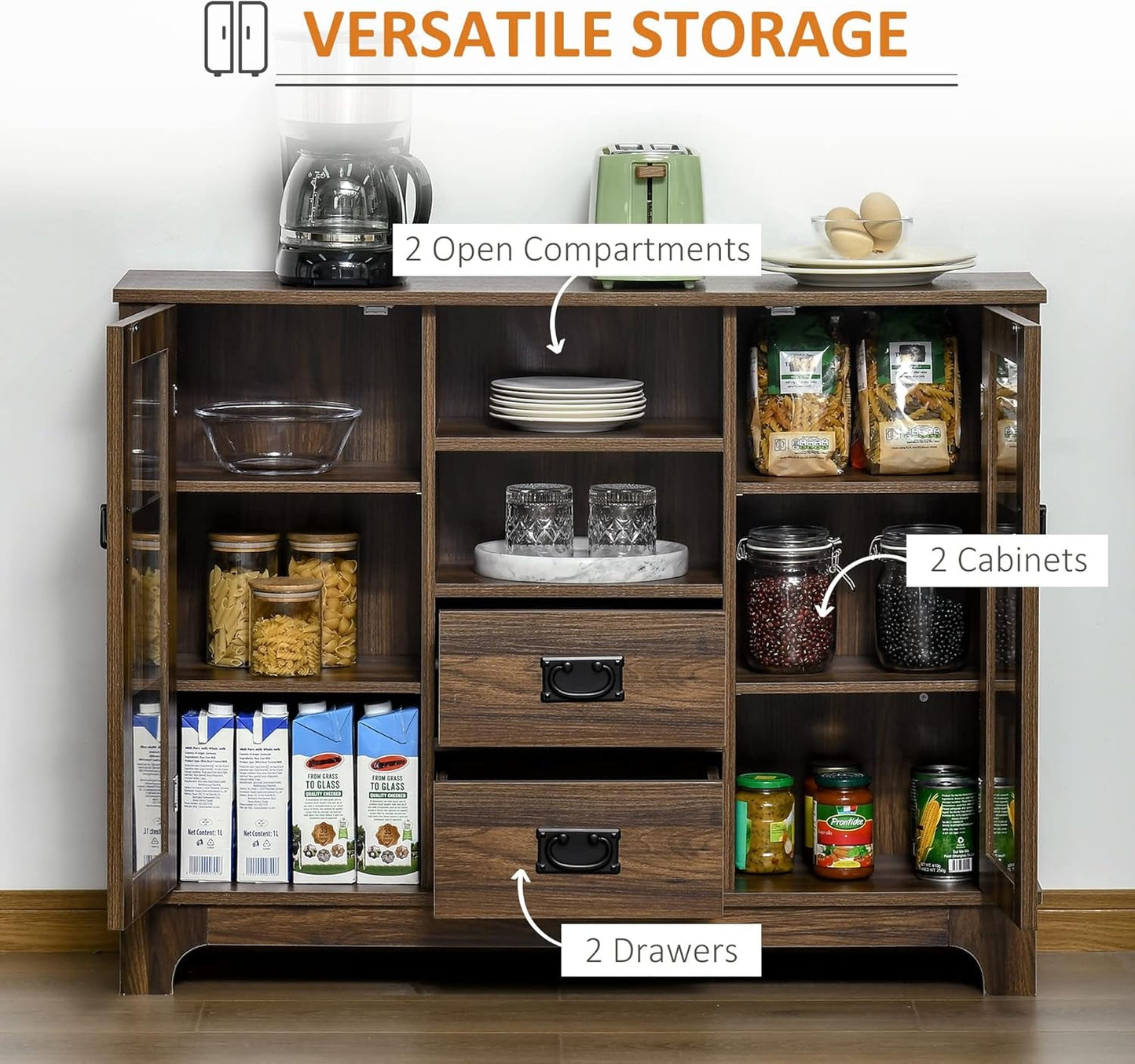 Dark Walnut Sideboard Buffet Glass Door Coffee Bar-3