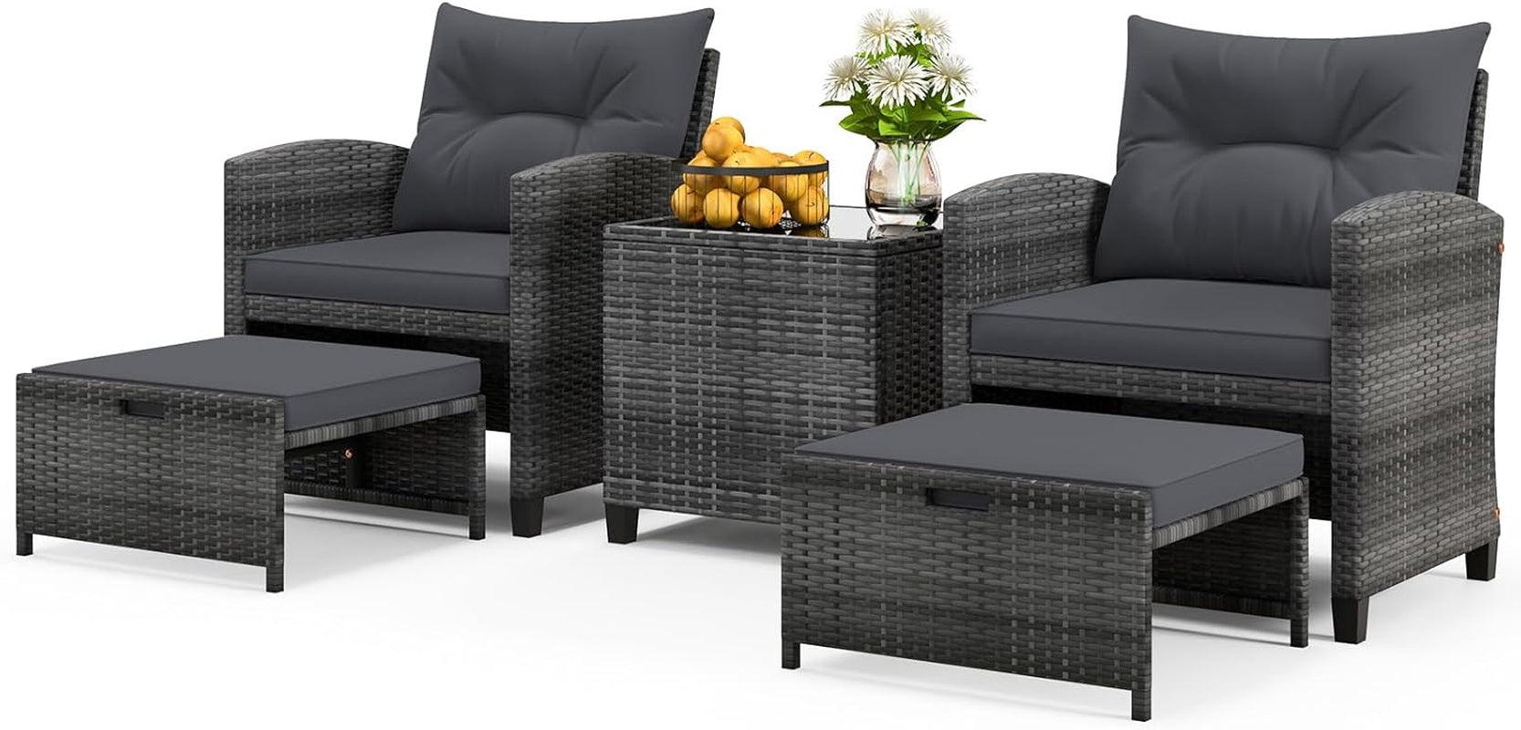 5 Pieces Patio Furniture Set with Ottoman, Wicker Conversation Set W/Cushions, Glass Coffee Table, Outdoor Lounger Rattan Chairs Bistro Set for Porch Balcony Garden Deck Poolside (Grey)-0