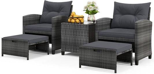 5 Pieces Patio Furniture Set with Ottoman, Wicker Conversation Set W/Cushions, Glass Coffee Table, Outdoor Lounger Rattan Chairs Bistro Set for Porch Balcony Garden Deck Poolside (Grey)-0