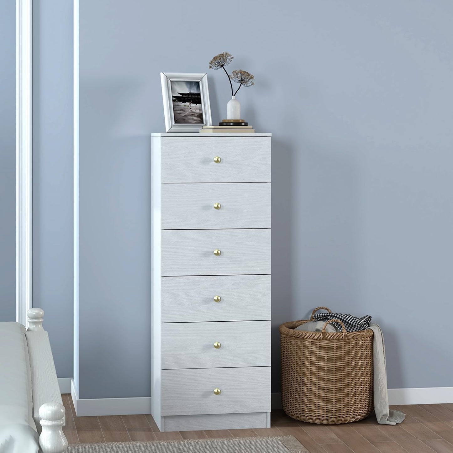 Modern 6 Drawer Vertical Dresser, Wood Tall Chest of Drawers N Arrow Storage Organizer with Wide Drawers & Metal Gold Handles for Bedroom, Living Room, Office, Hallway, Entryway (White)-4