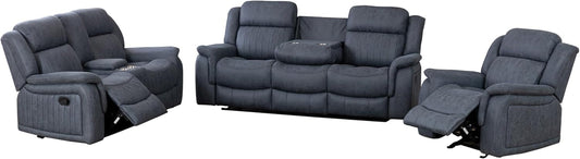 3 Piece Reclining Living Room Set, Fabric Recliner Chair, Loveseat, Sofa with Cup Holders, Storage Space, Grey-0