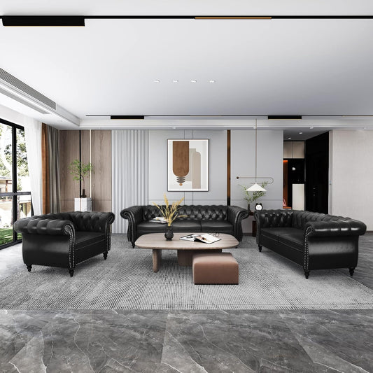 3 Piece Living Room Set, Sectional Chesterfield Sofa Chair Contemporary Upholstered Artificial Leather Loveseat Couch Sets for Living Room, Bedroom, Office (Black)-0