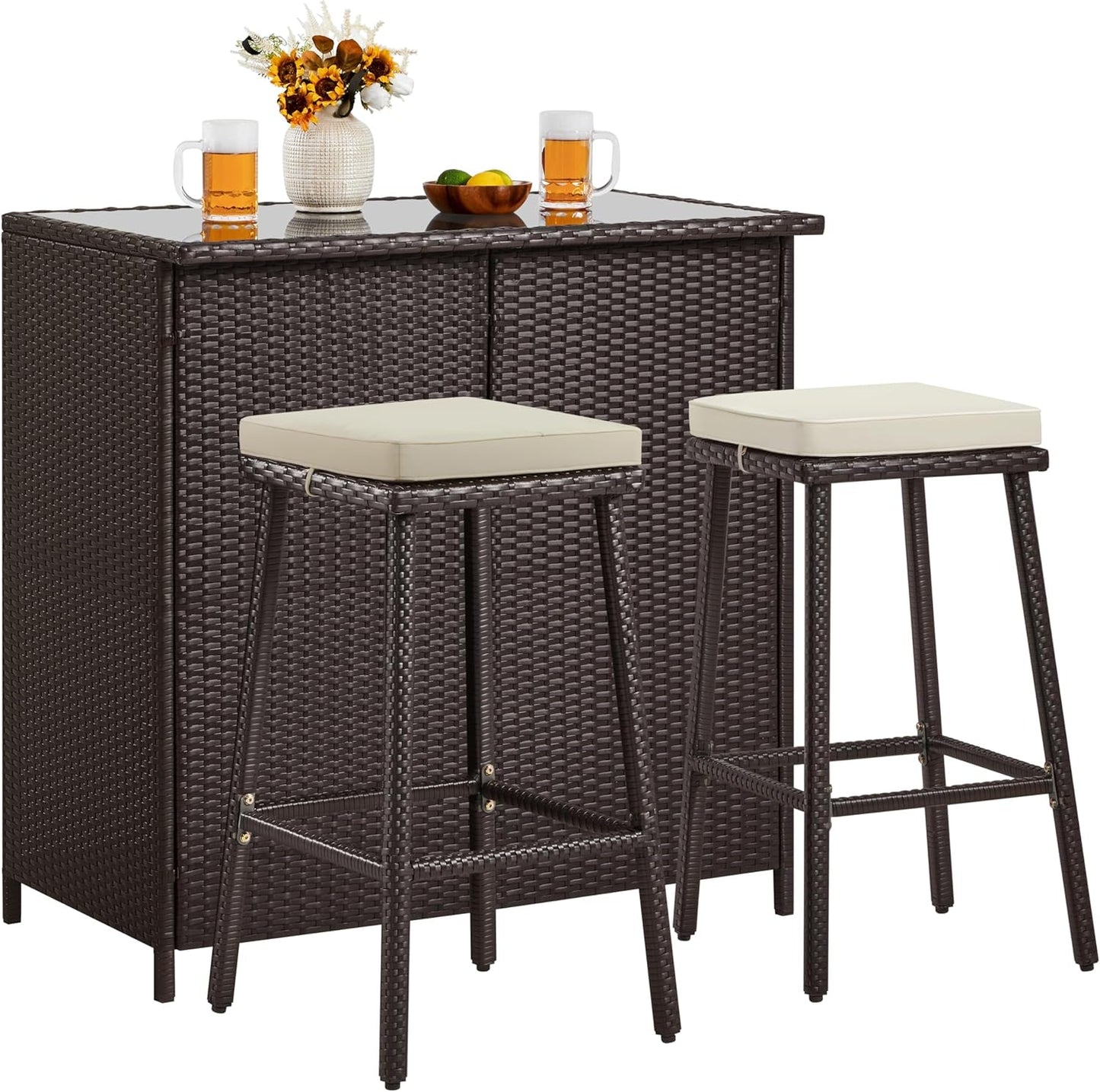 3Pcs Outdoor Bar Set, Patio Wicker Bar Furniture with 2 Storage Shelves, Glass Top Table, Cushions and Two Stools, Brown/Khaki-0