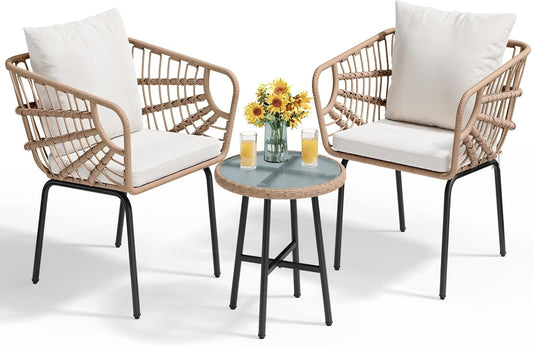 3 Pieces Outdoor Wicker Patio Conversation Bistro Set, All-Weather Patio Furniture Set with Table & Cushions, Outdoor Sectional Sofa for Patio, Balcony, Backyard, Deck, Beige-0