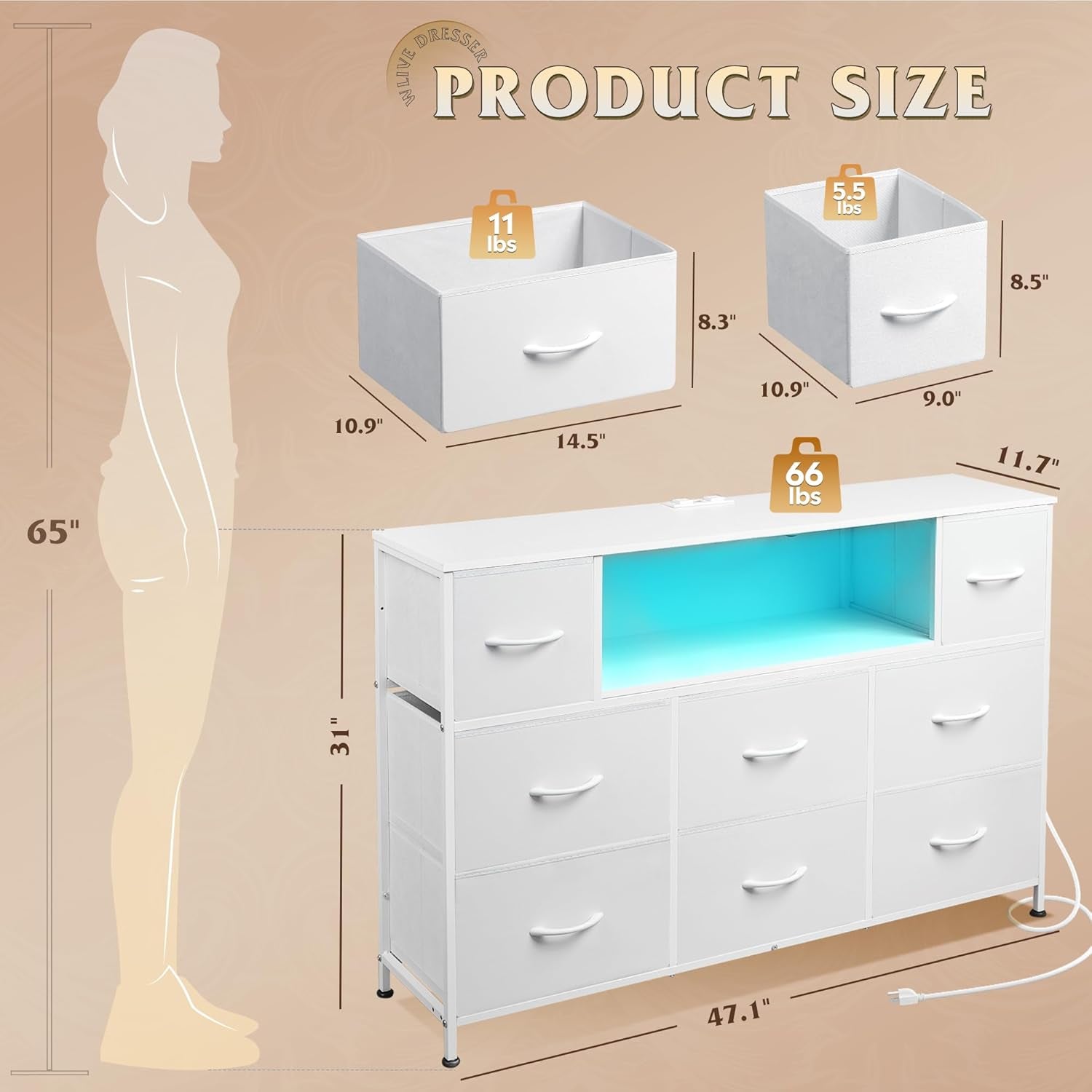 White Dresser for Bedroom, TV Stand for Bedroom for 55 Inch TV with Charging Station and LED Lights, Fabric Chest of Drawers with Open Shelves, 8 Drawers Dressers for Living Room, Closet-2