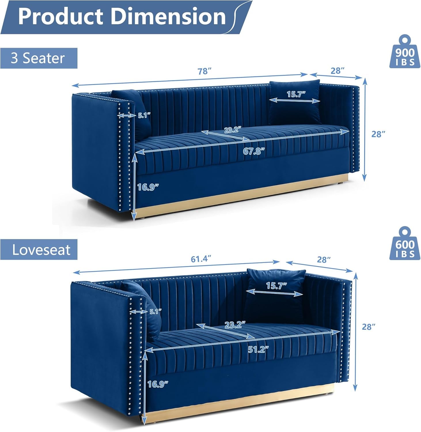Luxury Velvet Sofa Set for Living Room, Modern Decor Furniture Channel Sofa Couch and Loveseat with Nailhead Gold Metal Legs and 4 Pillows for Bedroom, Hall, Blue-1