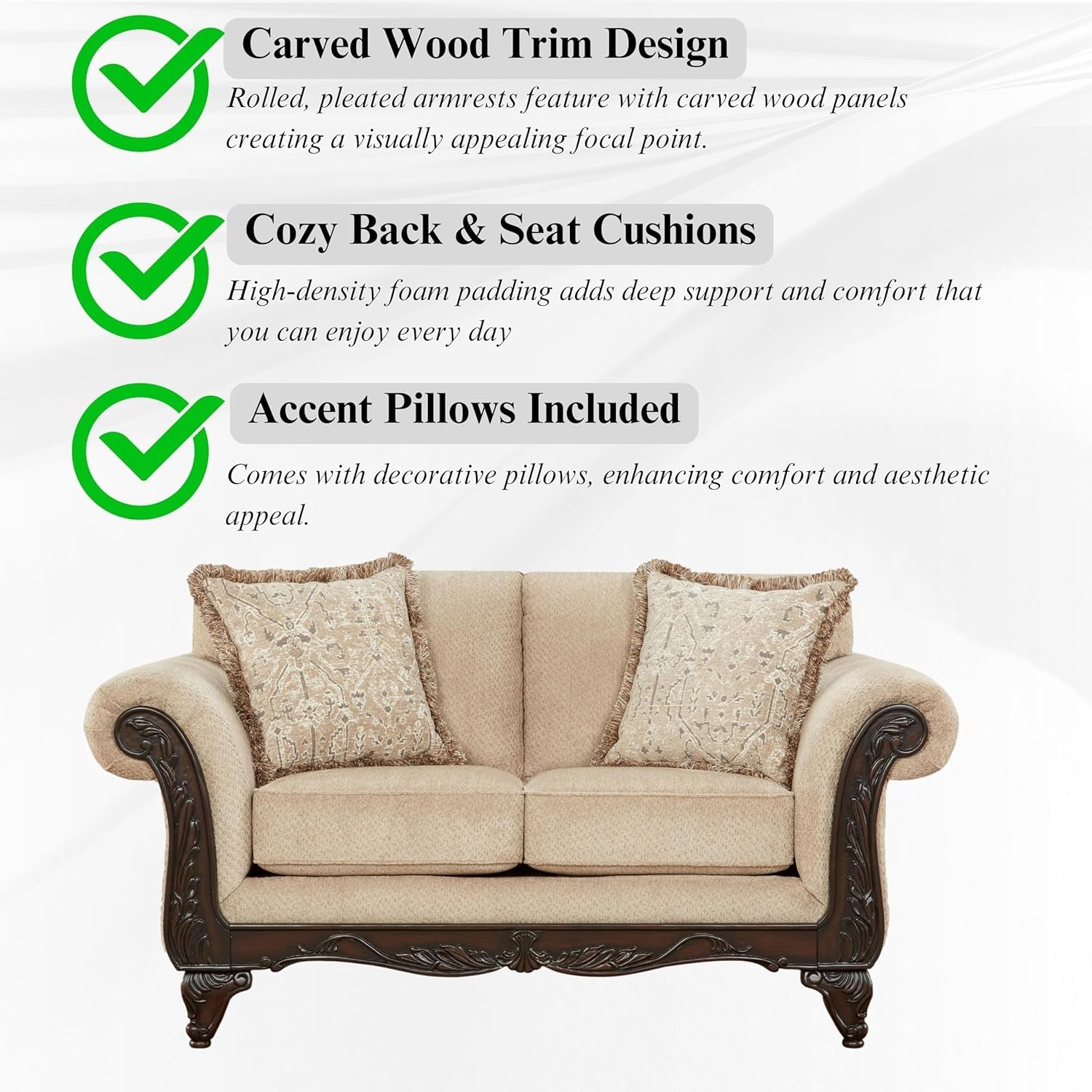 Hernen 2-Piece Living Room Set, Carved Wood Frame Sofa and Loveseat, Beige Wheat-4