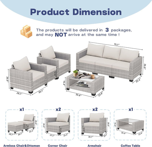 7 Piece Outdoor Patio Furniture Set, Outdoor Sectional Furniture, Rattan Chairs Glass Table Wicker Conversation Seating Sectional Sofa with Cushions (B-Grey White-Grey, B-7 Pieces-Tilted Back)-1